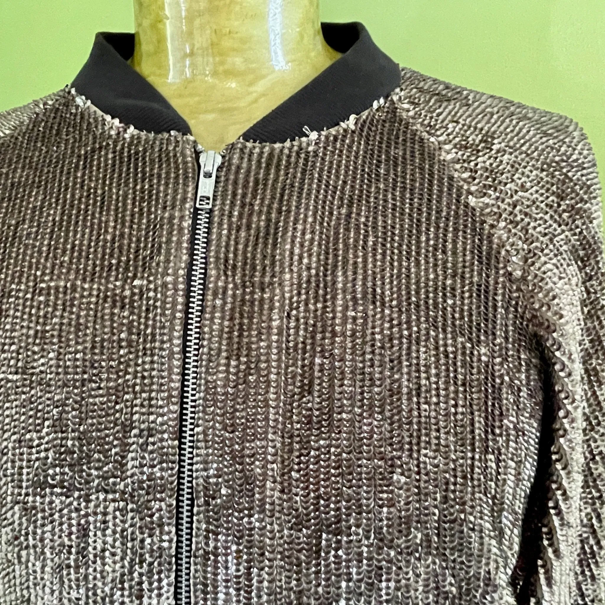 1980's Vintage Gold Sequined Bomber Jacket Zip Pockets Heavy Sz M - OOAK