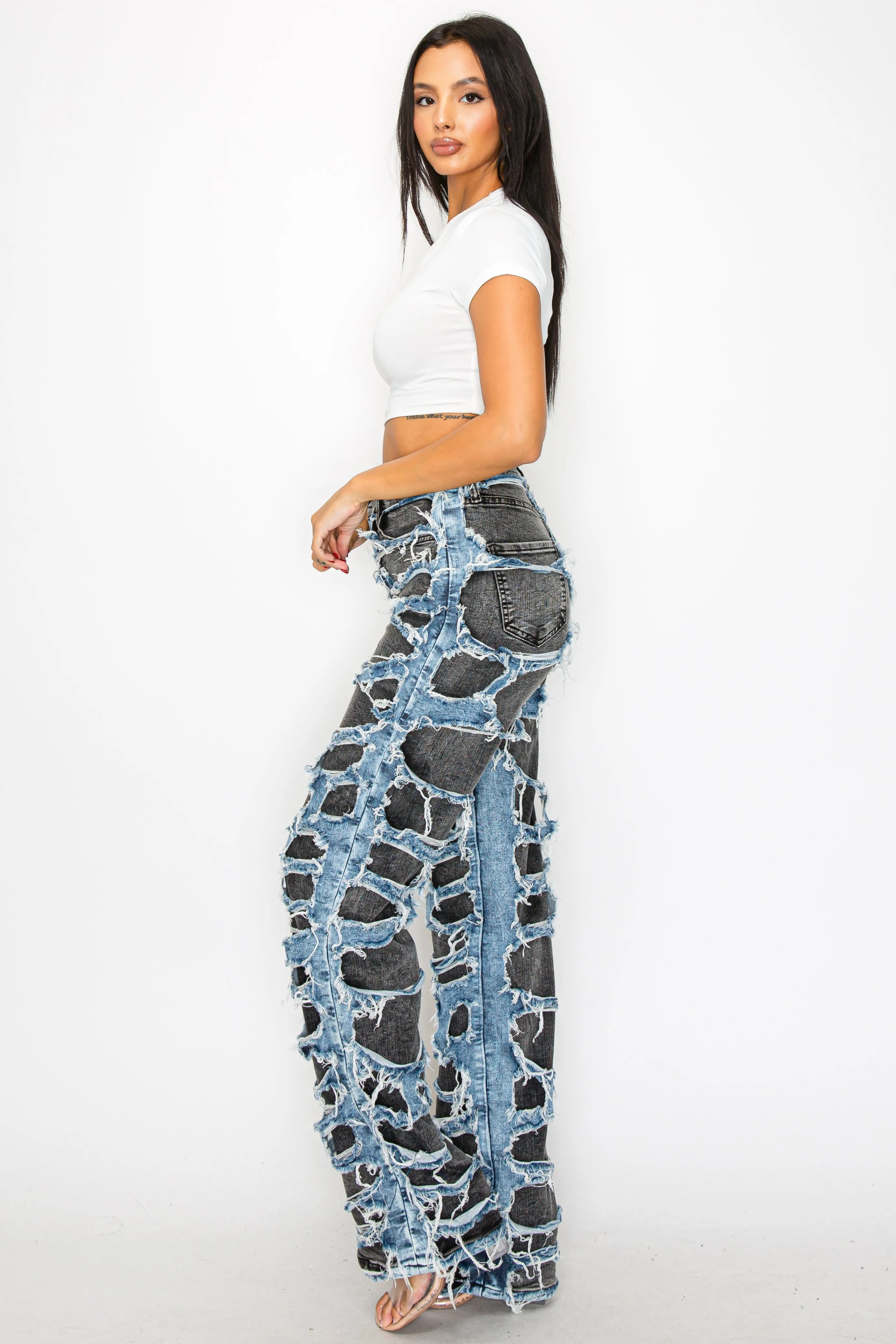 40663 High Rise Straight Leg Acid Washed Jeans W/ Frayed Outer Layer Contrast