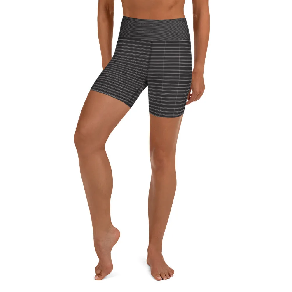 Black White Striped Yoga Shorts, Classic Modern Women's Short Tights-Made in USA/EU