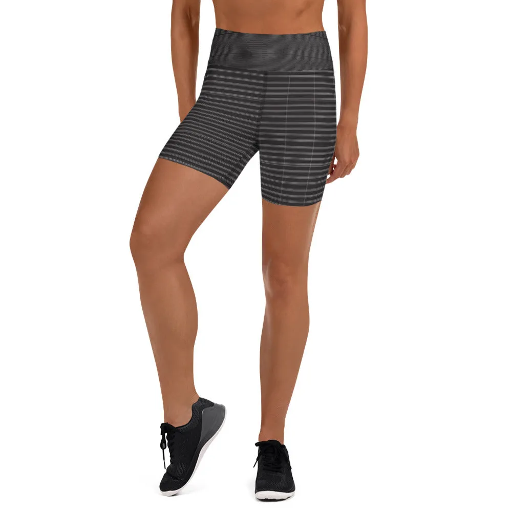 Black White Striped Yoga Shorts, Classic Modern Women's Short Tights-Made in USA/EU