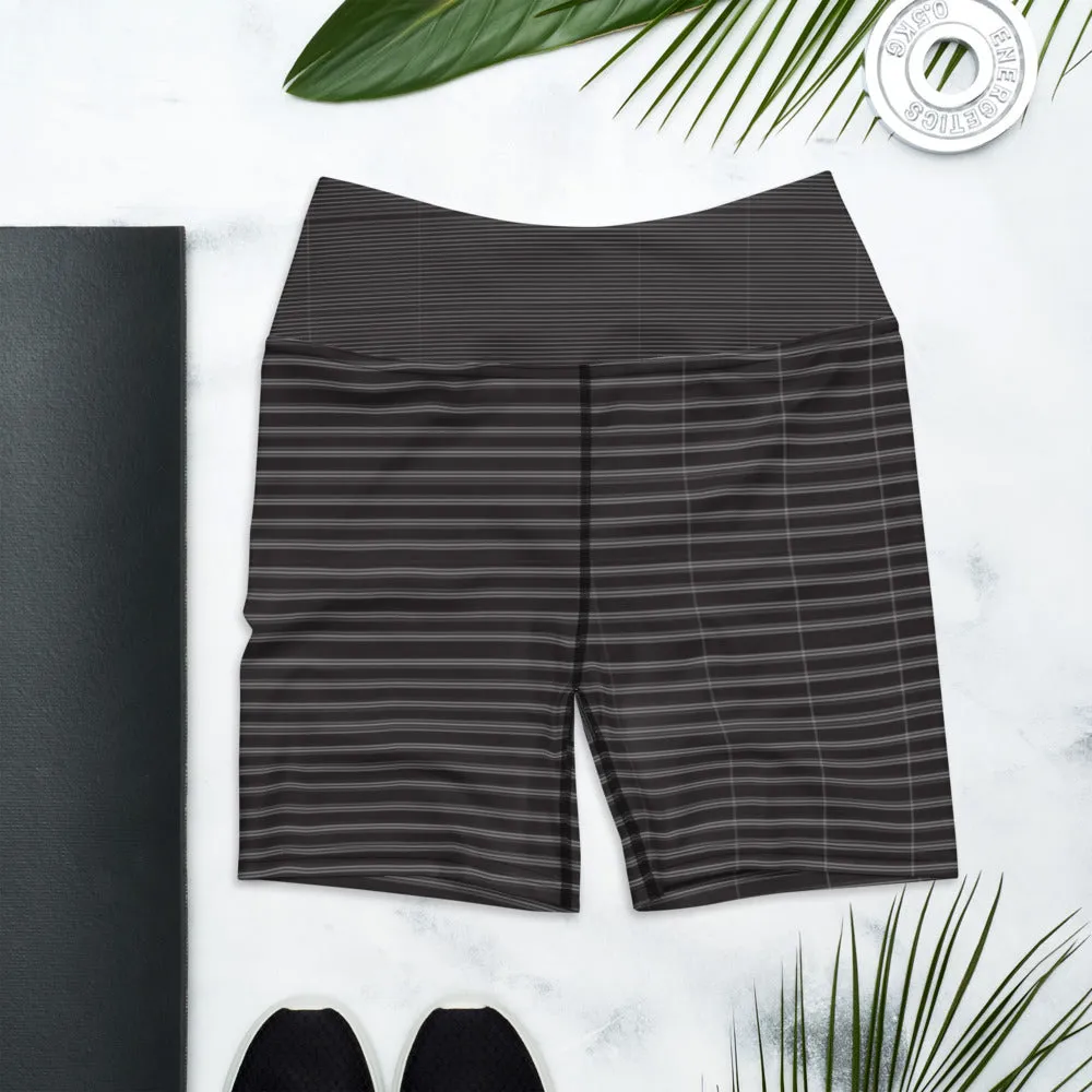 Black White Striped Yoga Shorts, Classic Modern Women's Short Tights-Made in USA/EU