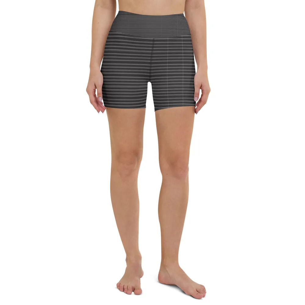 Black White Striped Yoga Shorts, Classic Modern Women's Short Tights-Made in USA/EU