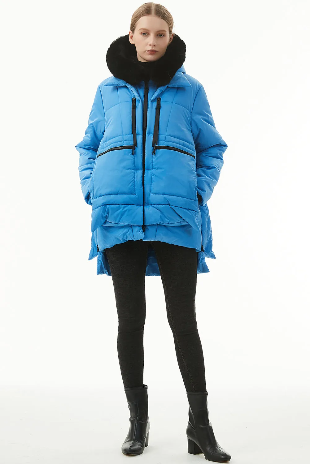 Blue Plush Linen Zip Up Hooded Puffer Coat