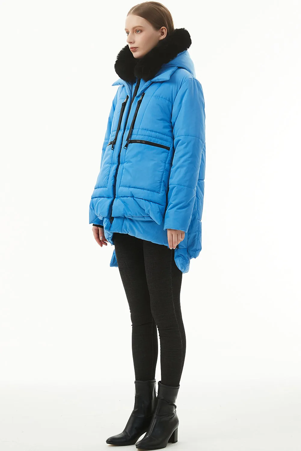 Blue Plush Linen Zip Up Hooded Puffer Coat