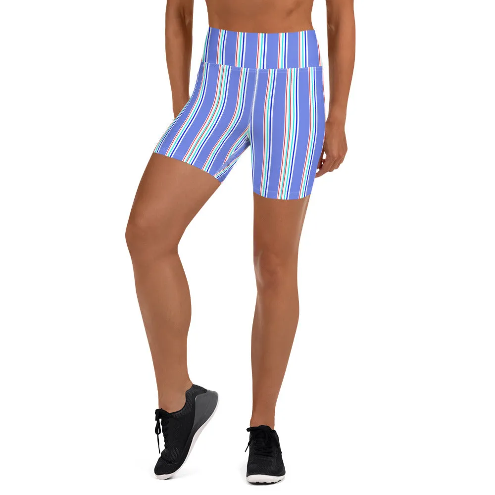 Blue Striped Yoga Shorts, Vertical Stripes Modern Classic Women's Tights-Made in USA/EU