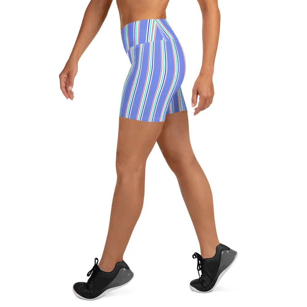 Blue Striped Yoga Shorts, Vertical Stripes Modern Classic Women's Tights-Made in USA/EU