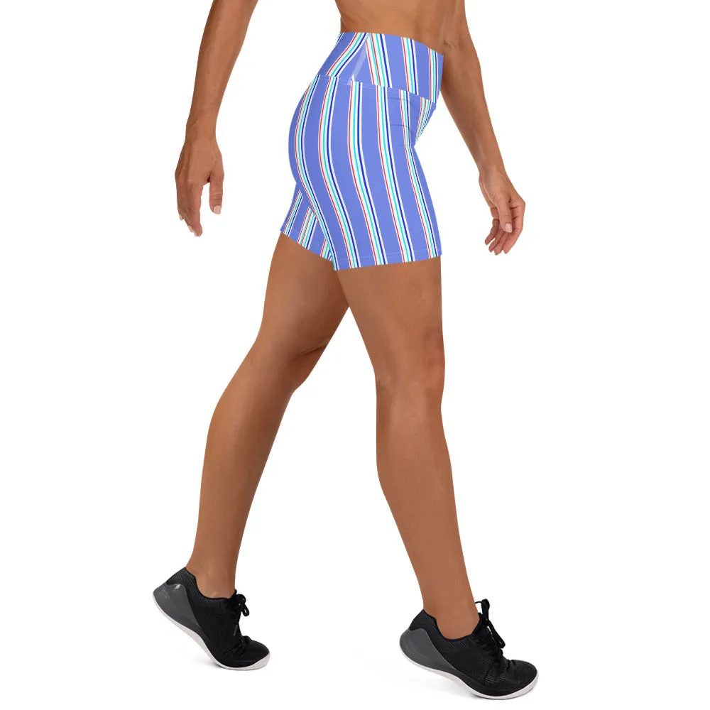 Blue Striped Yoga Shorts, Vertical Stripes Modern Classic Women's Tights-Made in USA/EU