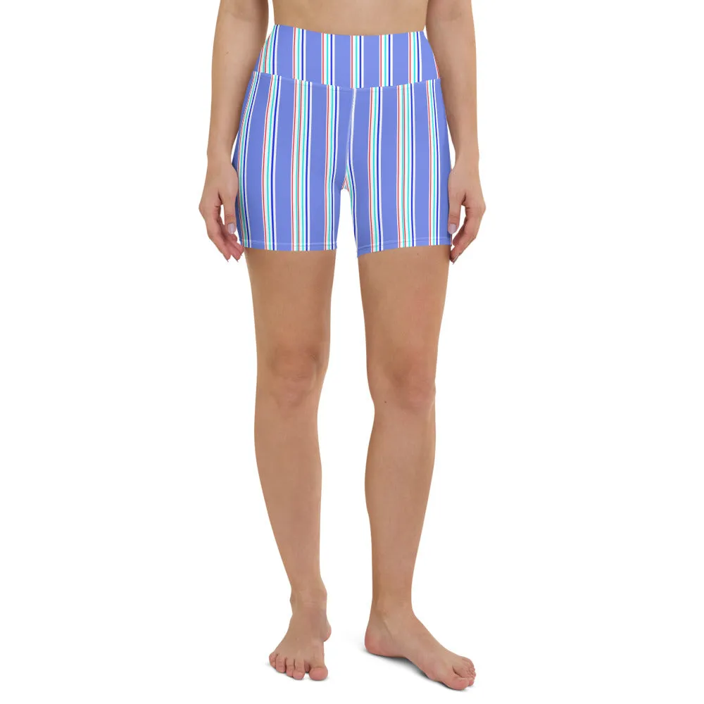 Blue Striped Yoga Shorts, Vertical Stripes Modern Classic Women's Tights-Made in USA/EU