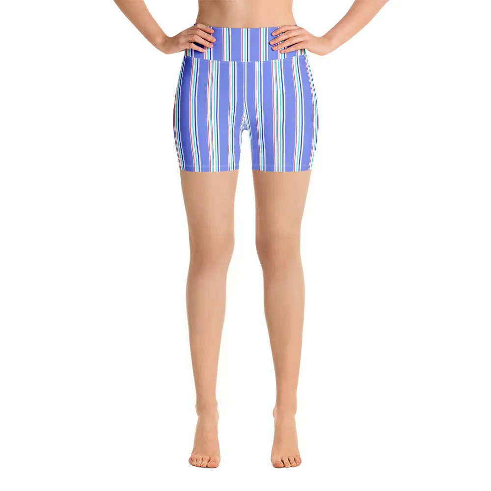 Blue Striped Yoga Shorts, Vertical Stripes Modern Classic Women's Tights-Made in USA/EU