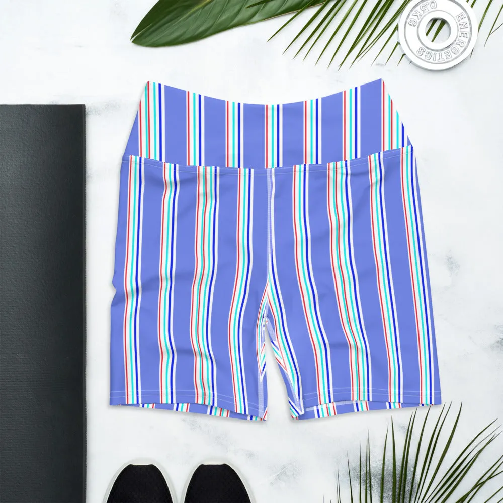 Blue Striped Yoga Shorts, Vertical Stripes Modern Classic Women's Tights-Made in USA/EU
