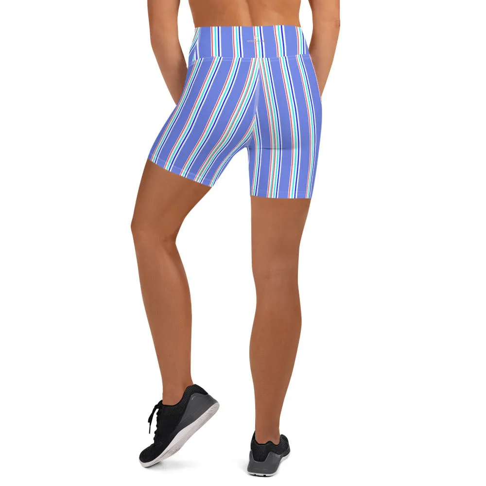 Blue Striped Yoga Shorts, Vertical Stripes Modern Classic Women's Tights-Made in USA/EU
