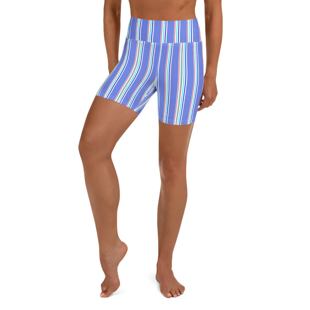 Blue Striped Yoga Shorts, Vertical Stripes Modern Classic Women's Tights-Made in USA/EU