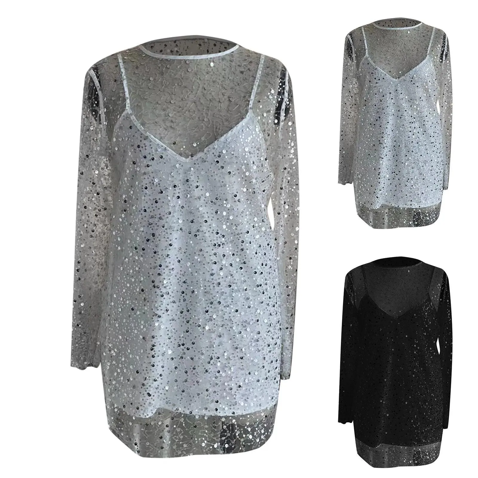 Fashion Sequin Splicing See Through Dress Streetwear Mesh Sexy Two Piece Dresses For Women Party Nightclub Dress Vestidos