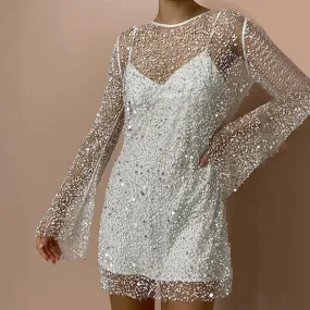 Fashion Sequin Splicing See Through Dress Streetwear Mesh Sexy Two Piece Dresses For Women Party Nightclub Dress Vestidos
