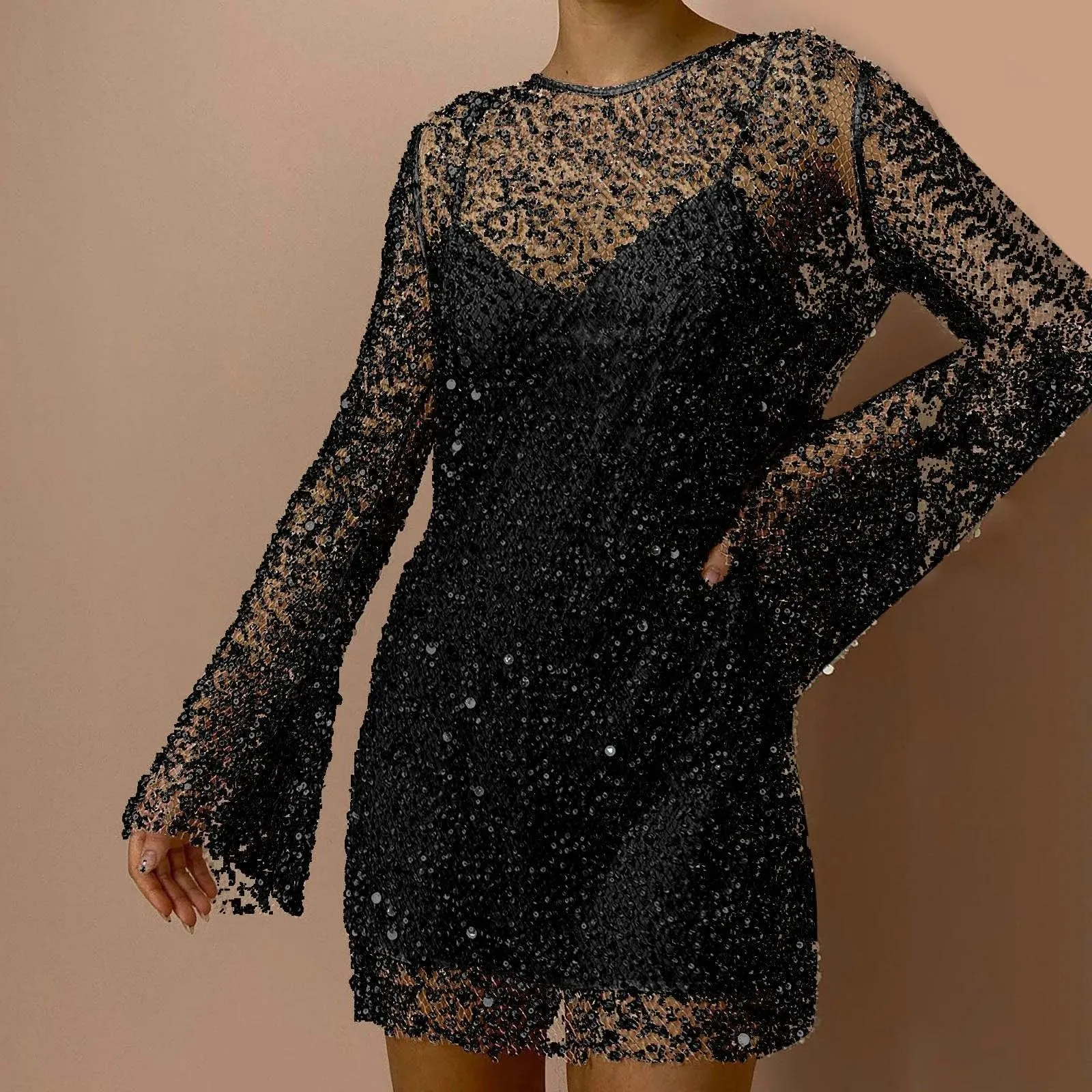 Fashion Sequin Splicing See Through Dress Streetwear Mesh Sexy Two Piece Dresses For Women Party Nightclub Dress Vestidos