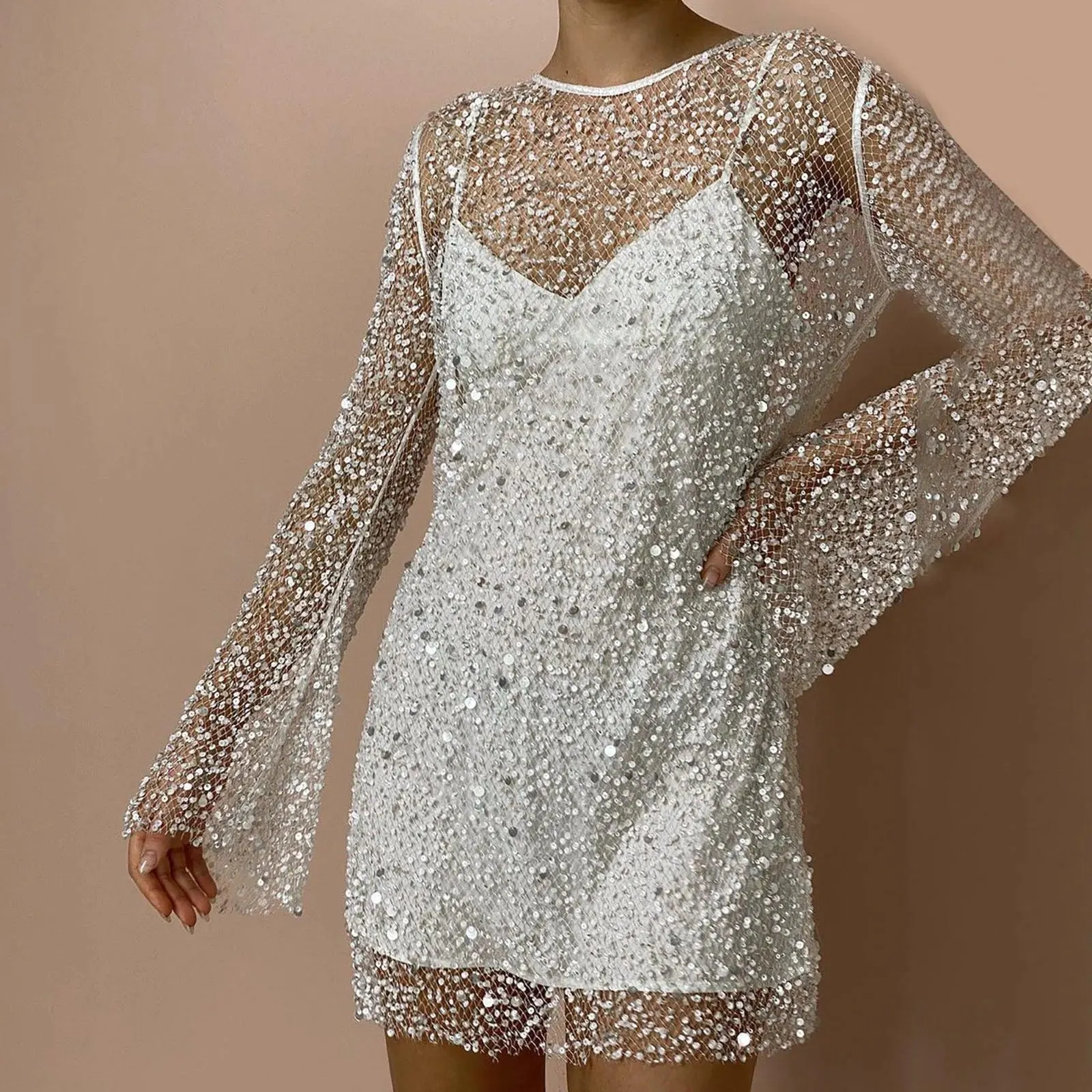 Fashion Sequin Splicing See Through Dress Streetwear Mesh Sexy Two Piece Dresses For Women Party Nightclub Dress Vestidos