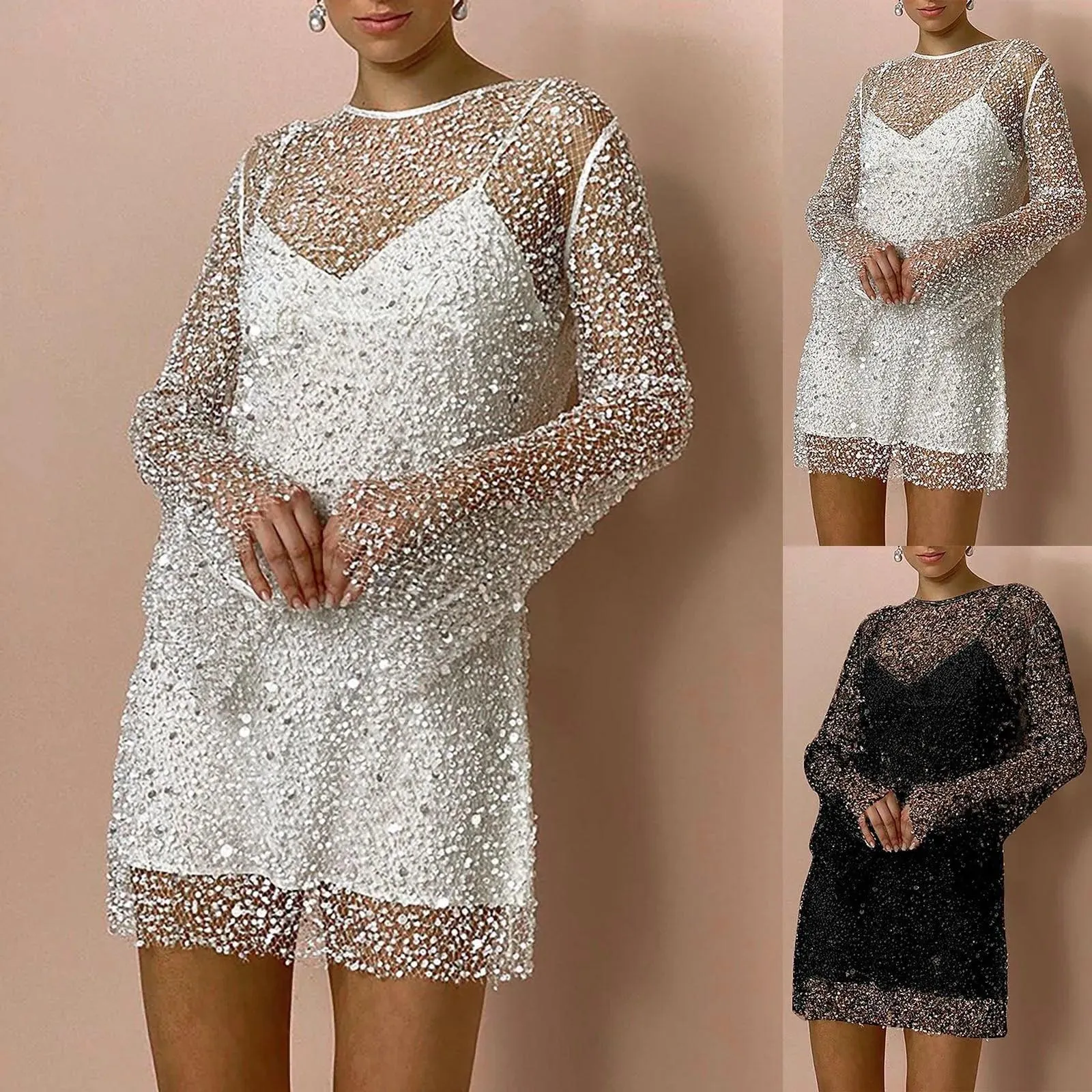 Fashion Sequin Splicing See Through Dress Streetwear Mesh Sexy Two Piece Dresses For Women Party Nightclub Dress Vestidos