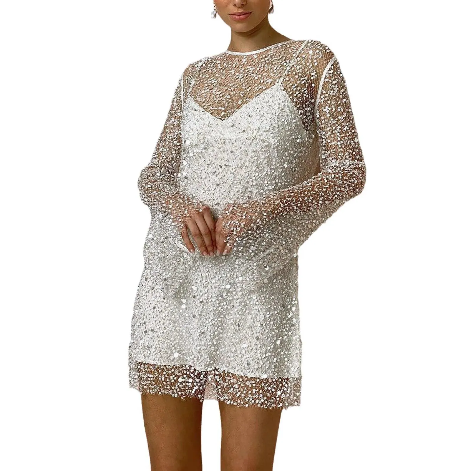 Fashion Sequin Splicing See Through Dress Streetwear Mesh Sexy Two Piece Dresses For Women Party Nightclub Dress Vestidos