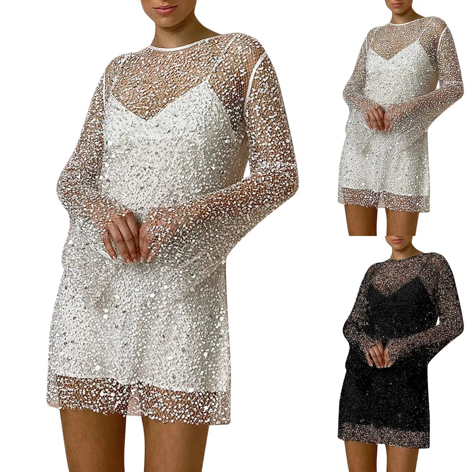 Fashion Sequin Splicing See Through Dress Streetwear Mesh Sexy Two Piece Dresses For Women Party Nightclub Dress Vestidos