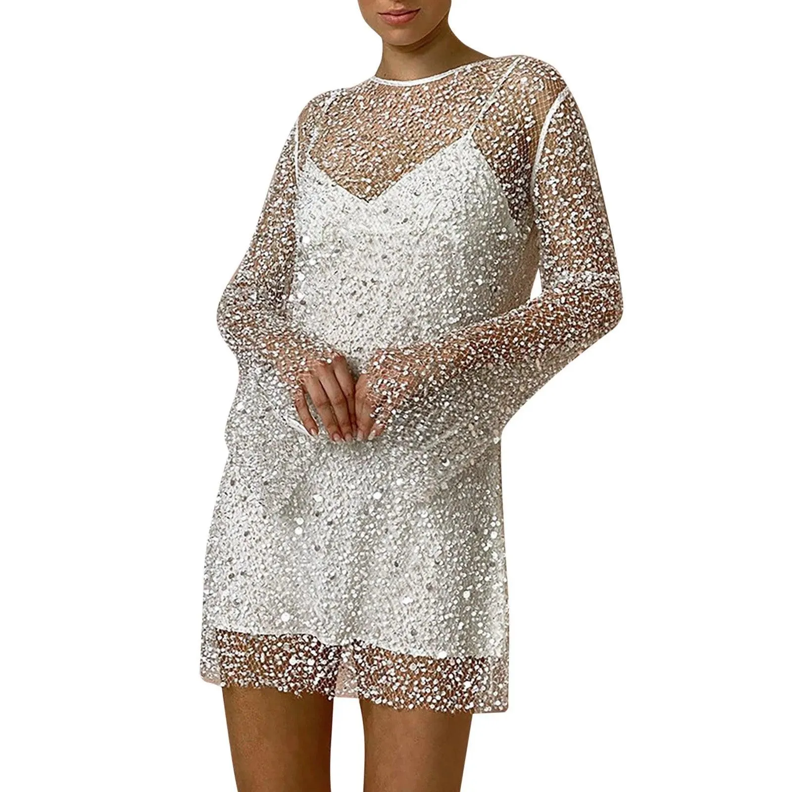 Fashion Sequin Splicing See Through Dress Streetwear Mesh Sexy Two Piece Dresses For Women Party Nightclub Dress Vestidos