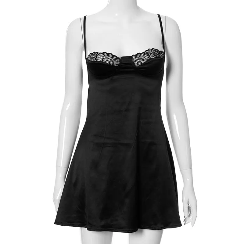 Lace Patchwork Cami Spaghetti Strap Slim Mini Dress