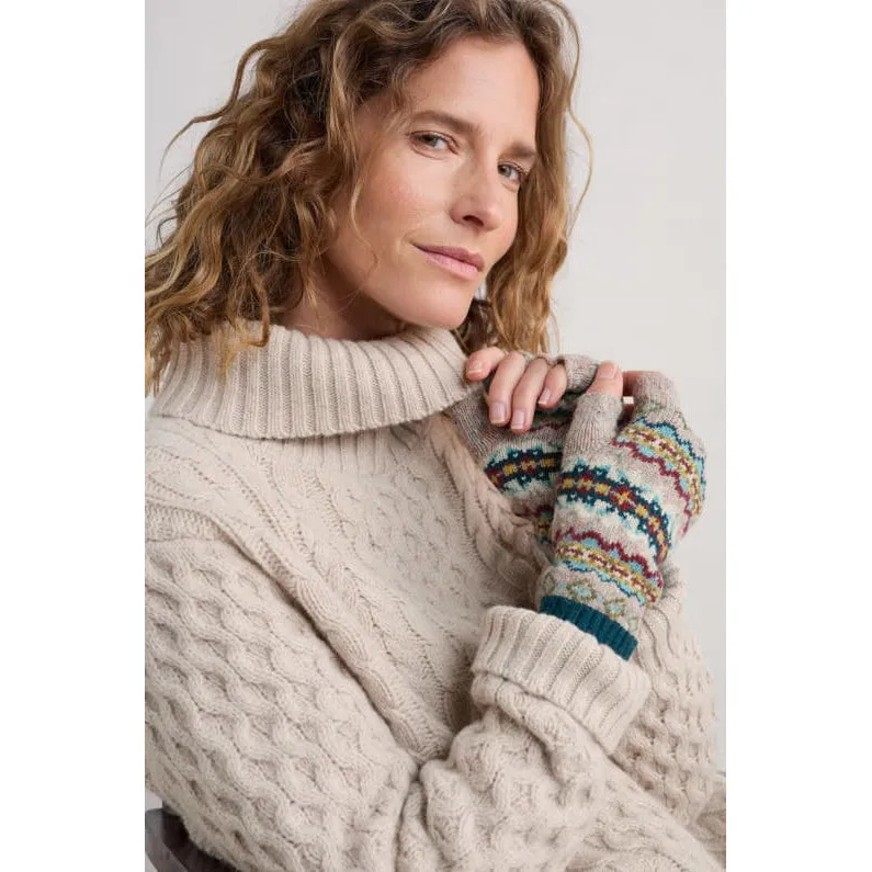 Seasalt Ladies Mathey Fair Isle Fingerless Gloves Harlyn Pink Grass Multi