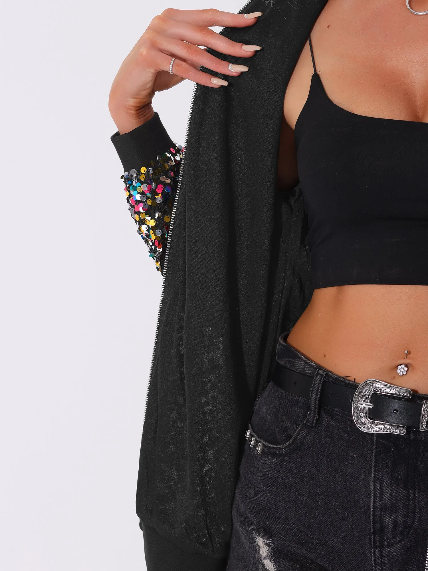 Sequined Long Sleeve Party Zipper Bomber Jacket