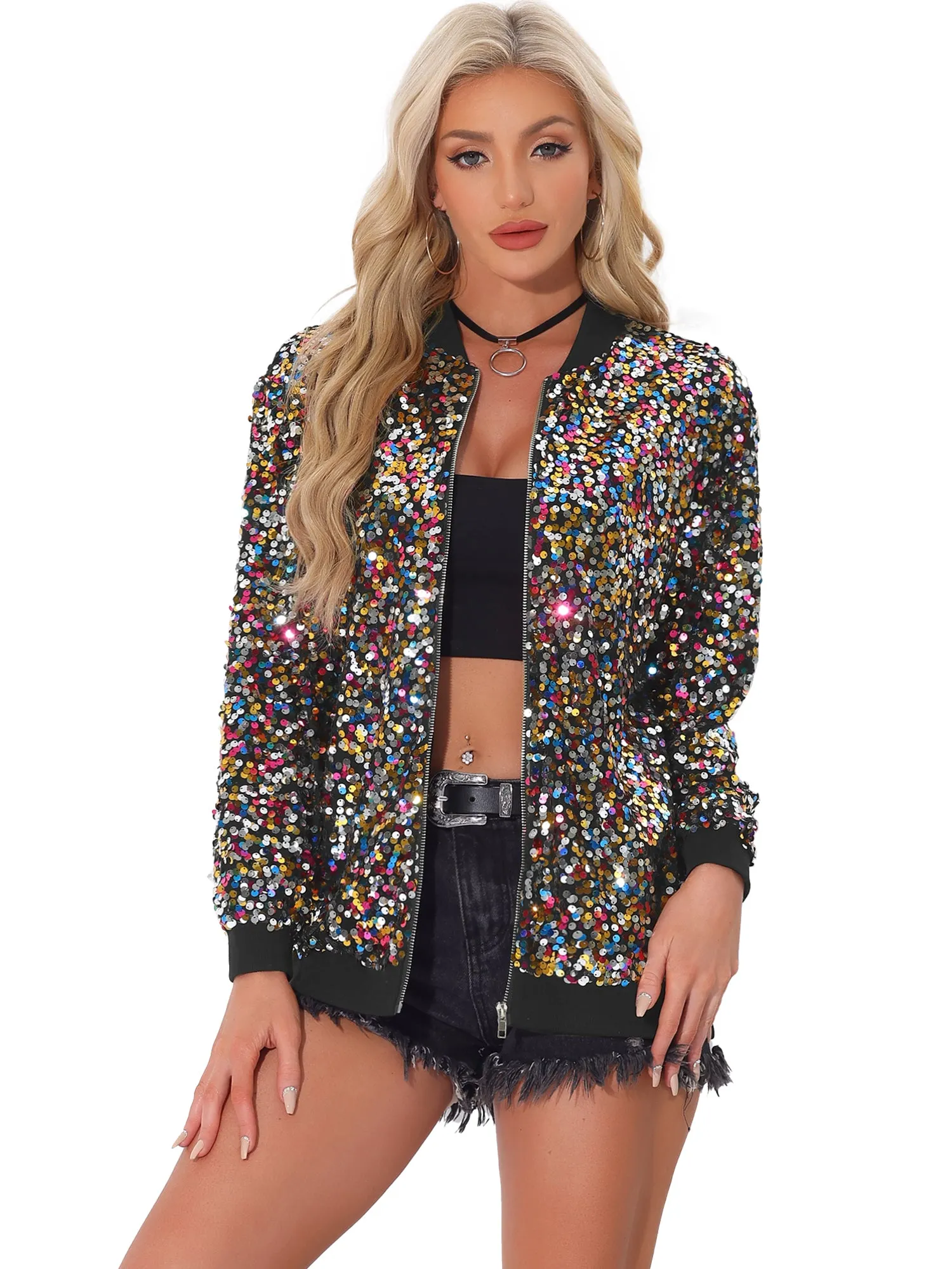 Sequined Long Sleeve Party Zipper Bomber Jacket