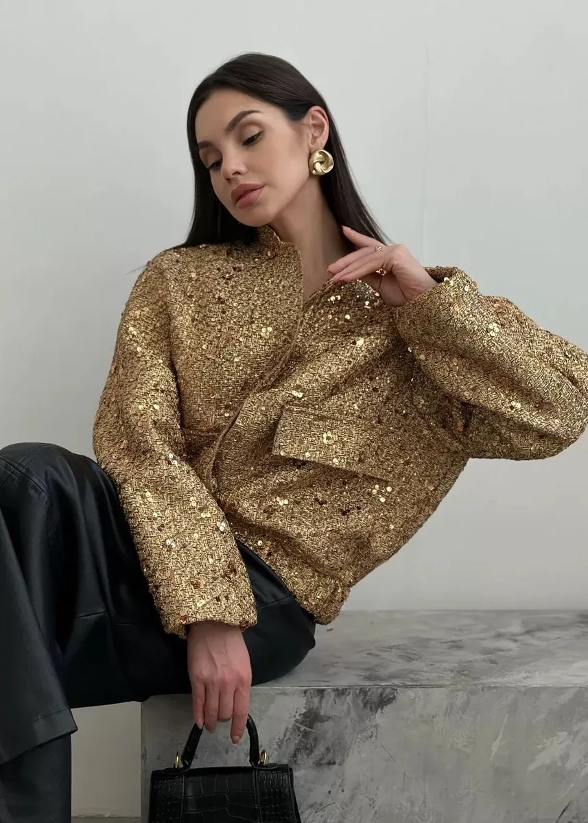 Sequined Loose Bomber Jacket