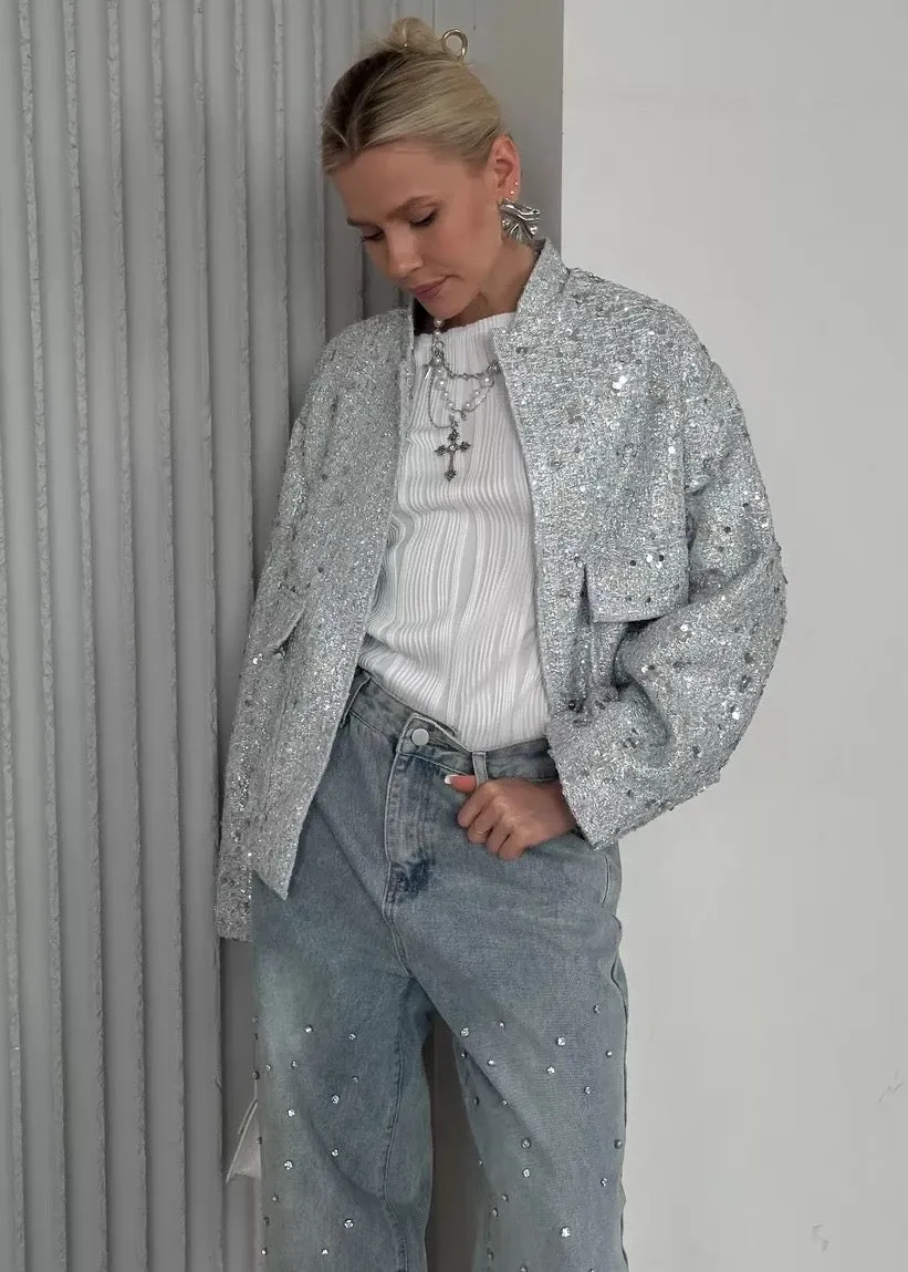 Sequined Loose Bomber Jacket