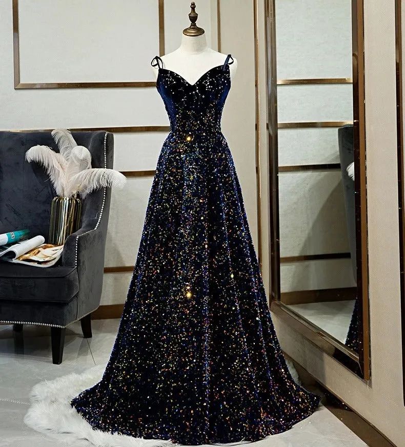 Sparkly Long A-line Lace Up Back Evening Prom Dresses Party Dress B0001