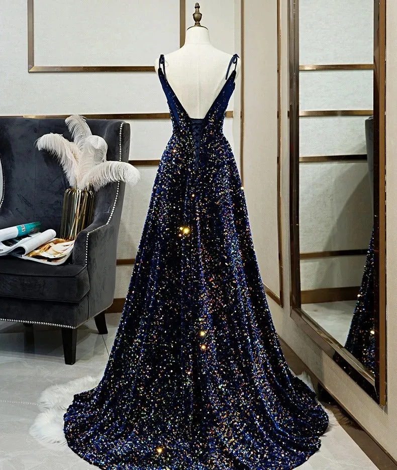 Sparkly Long A-line Lace Up Back Evening Prom Dresses Party Dress B0001